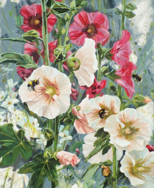 Hollyhocks and Bumblebees